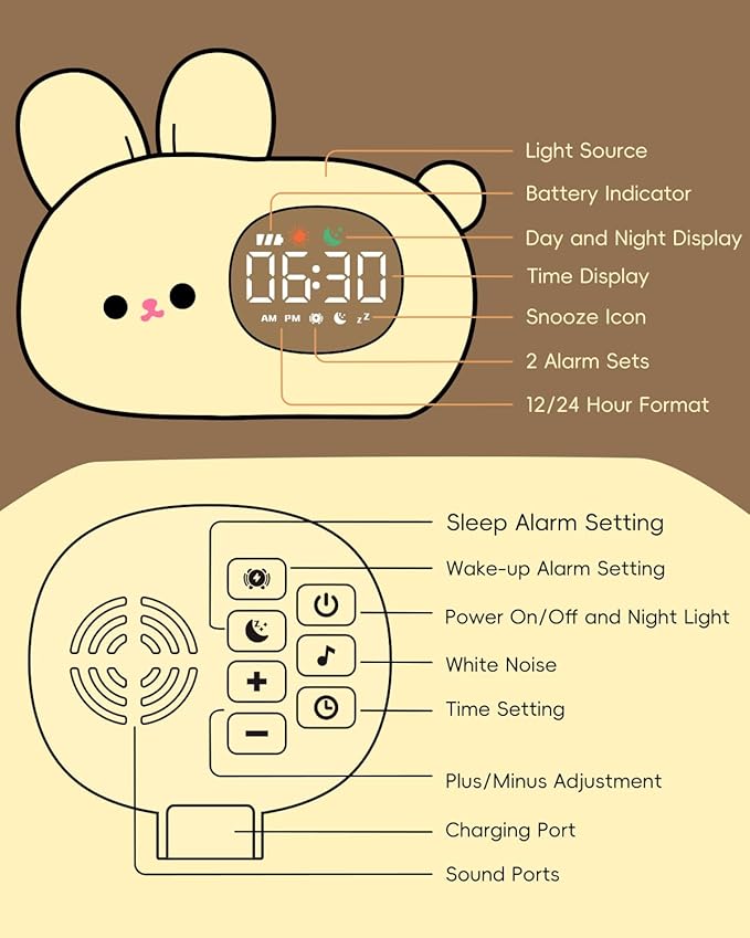 Bunny Alarm Clock for Kids with Night Light, Sleep Training Clock Time to Wake Clock, Rechargeable Silicone Light for Bedroom, Perfect Sleep Companion for Boys Girls