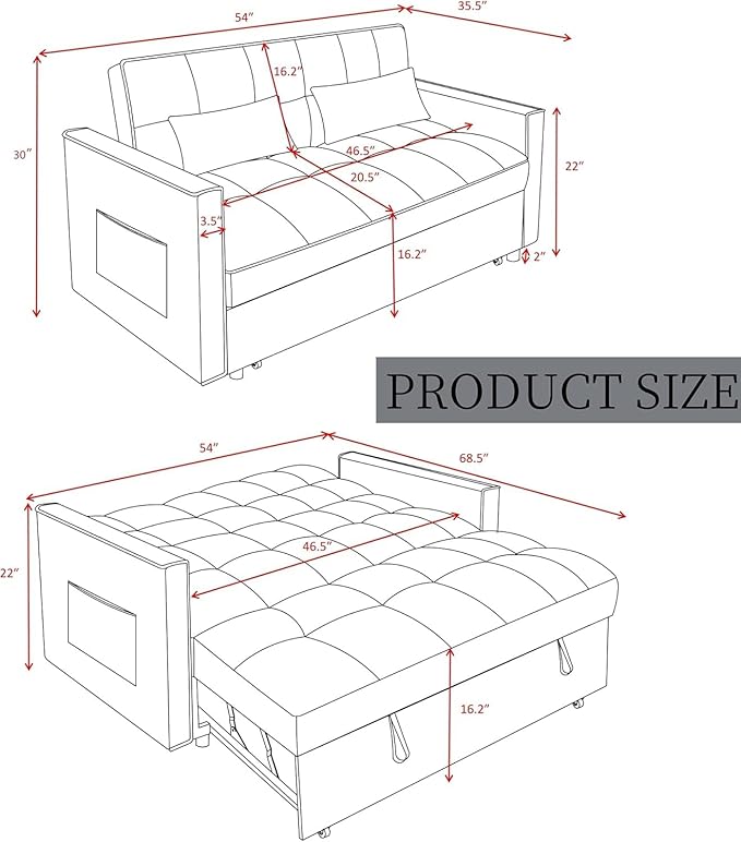 3 in 1 Sleeper Sofa Bed, Futon Sofa Bed for Living Room with Side Pocket, Green Sleepers Sofas Couch with Pullout Beds, Convertible Love Seat Sleepers Couch for Living Room, Bedroom
