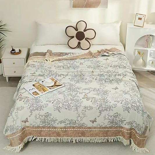 Boho Muslin Blanket for Adults 4-Layer Gauze Twin Size Soft Cozy 100% Cotton Summer Cooling Blanket Floral Decor for Sofa Bed Coverlet Both Sides (Tassels Floral Tan, Twin 60 x 80 in)