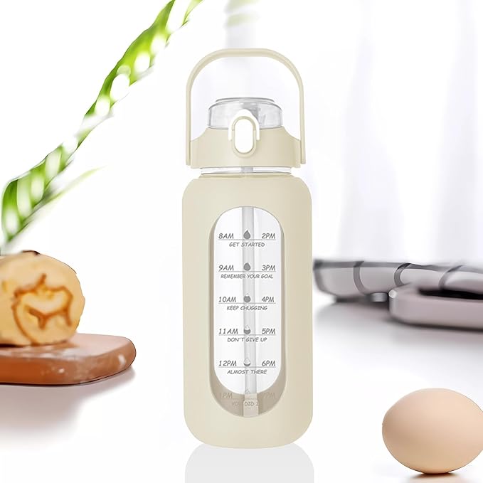 64oz Glass Water Bottle with Straw - Half Gallon Large Motivational Water Bottle with Silicone Sleeve Time Marker, Ideal for Gym, Sports, Workouts, Daily