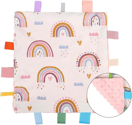 Baby Tags Security Blanket, Sensory Soothing Blanket with Tags,Dotted Backing Taggies Blanket for 3-12 Months Boys and Girls. (Rainbow)