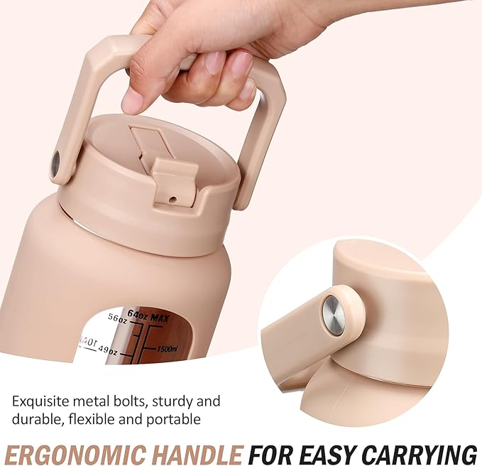 64 oz Glass Water Bottle with Straw and 2 Lids, Half Gallon Water Bottle with Sleeve, Large Insulated 2 Liter Glass Water Jug Time Marker with Handle - Light Amber