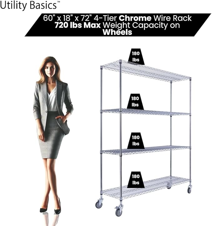 60"x18"x72" Chrome Premium Metal Steel Wire Shelving 4-Tier NSF 3200 LBS MAX Capacity Heavy Duty Storage Rack for Garages, Commercial Spaces, Hospitals, & Schools w/Premium Wheels