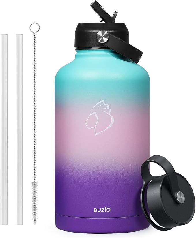 BUZIO 64oz Insulated Water Bottle Stainless Steel Double Wall Leak Proof Half Gallon with Straw Lid and Flex Cap (Cold for 48 Hrs) Sports Flask Metal Travel Mug for Hiking Cycling, Hydrangea