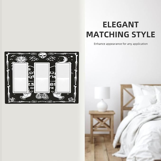 Black Witchy Skeleton Skull Gothic Sun Moon 3 Gang Rocker Novelty Light Switch Covers Decorative Unique Triple Outlet Wall Plate Cover Faceplate Decorative Switchplate GFCI for Kitchen