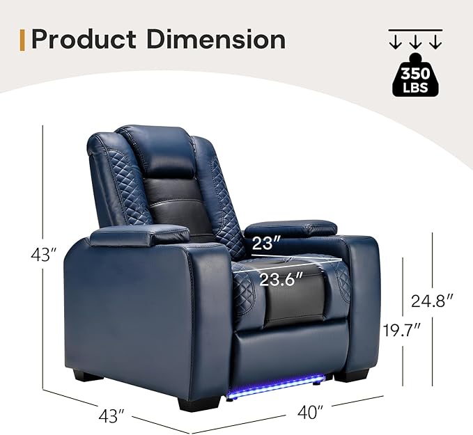 ANJ Power Home Theater Seating, PU Leather Electric Recliner Chair with Powered Headrest, Dual Motors Movie Reclining Chairs with LED Lights,USB Port, Cup Holders, Hidden Arm Storage (Blue & Black)