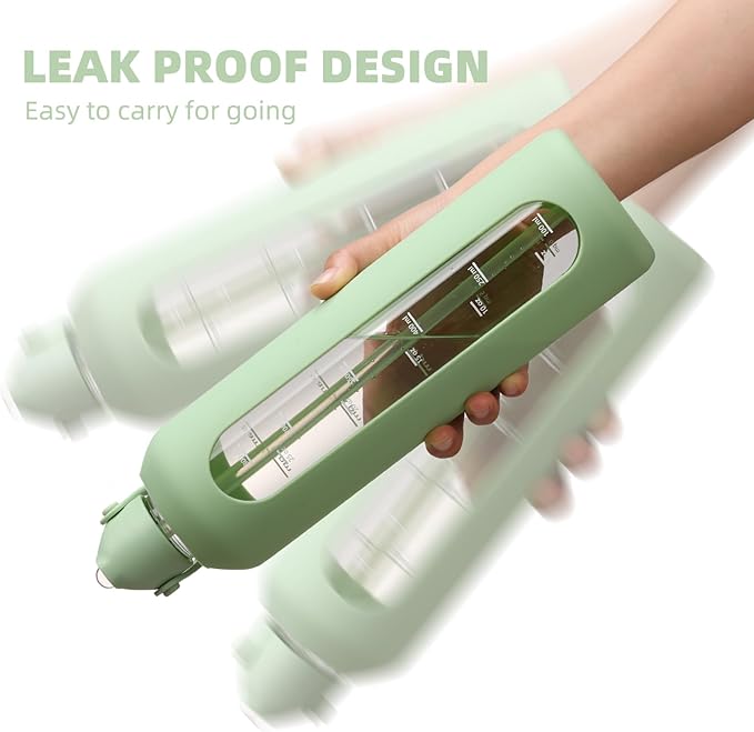 20 oz Glass Water Bottles with Straw Borosilicate Glass Water Bottle with Time Marker Motivational Water Bottles with Silicone Sleeve Leak Proof Reusable BPA Free