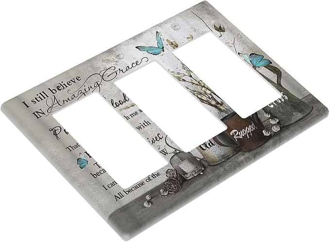 Blue Butterfly Rustic Flower Inspirational Quotes 3 Gang Rocker Light Switch Covers Triple Outlet Wall Plate Decorative Switchplate Cover Faceplate GFCI for Farmhouse Country Bedroom Kitchen Decor