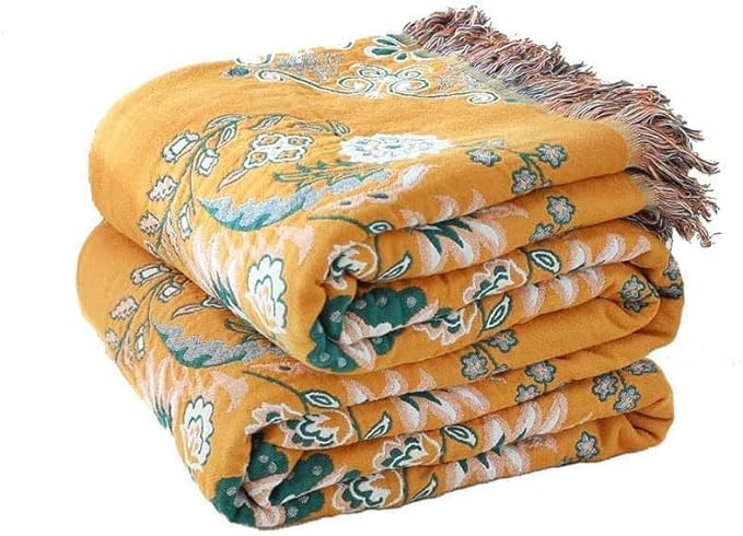 Boho Throw Blanket for Bed,100% Cotton Ultra Soft Lightweight Muslin 4-Layer Breathable Woven Throws 90''x 98'' Blanket Yellow Floral Printed Farmhouse Decor Bed Blankets