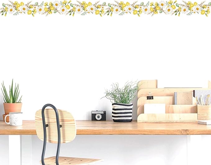 BIBITIME Yellow White Daisy Flower Wasit Skirting Line Sticker Nature Plants Theme Bedroom Wall Decal Kitchen Bathroom Tile Glass Window Decor
