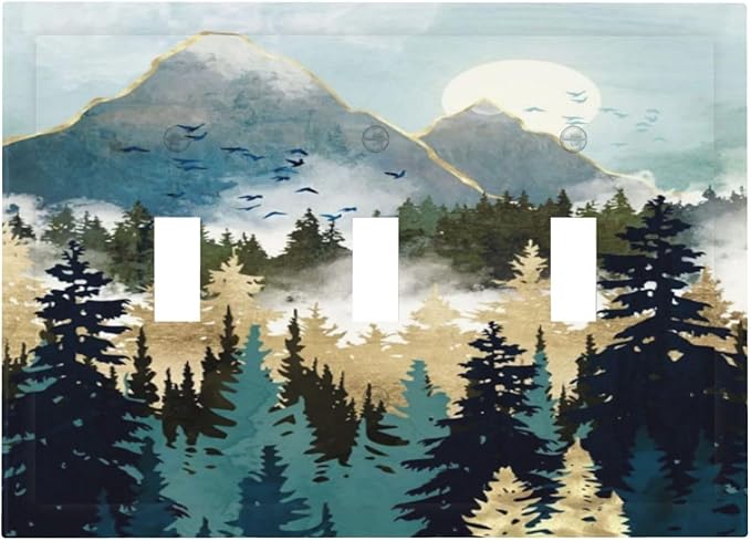 Boho Mountain Forest Abstract Sunset Sunrise Sun 3 Gang Light Switch Covers Triple Toggle Wall Plate Decorative Switchplate Electrical Faceplate for Country Bathroom Bedroom Decor