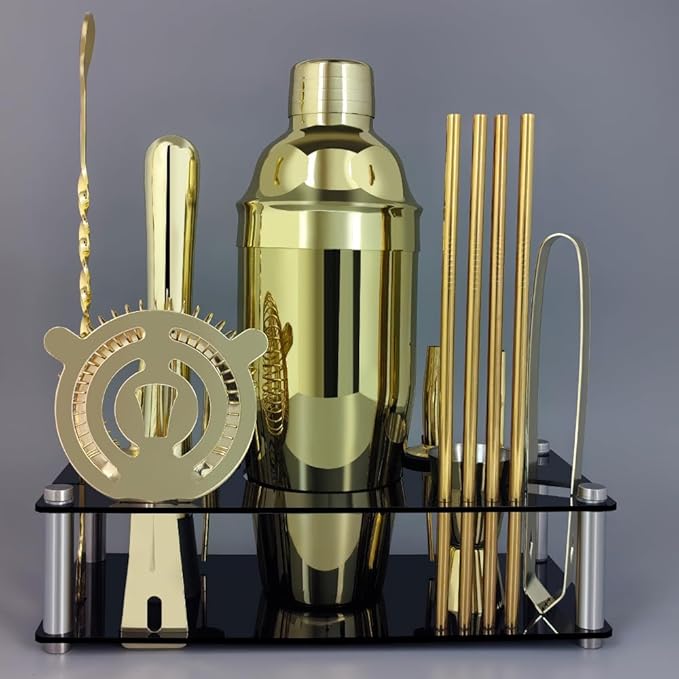 14-Piece Cocktail Shaker Set Bartender Kit with Black Stand, Bar Tool Set for Drink Mixing Bartending Kit Bar Sets Accessories: 750ml(25oz) Shaker, Jigger, Muddler, Cocktail Recipes (Gold)