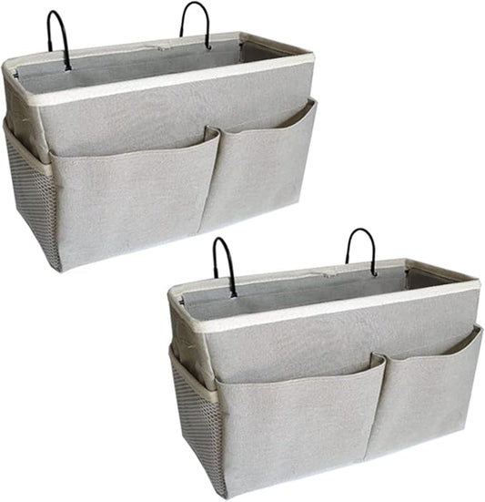 2-Pack Bedside Caddy, Bedside Hanging Storage Organizer for College Dorm Beds, Bunk Beds and Hospital Beds Rails, The Hanging Basket Can be Placed Magazine, Books, Phones,kettle, Glasses (Grey)