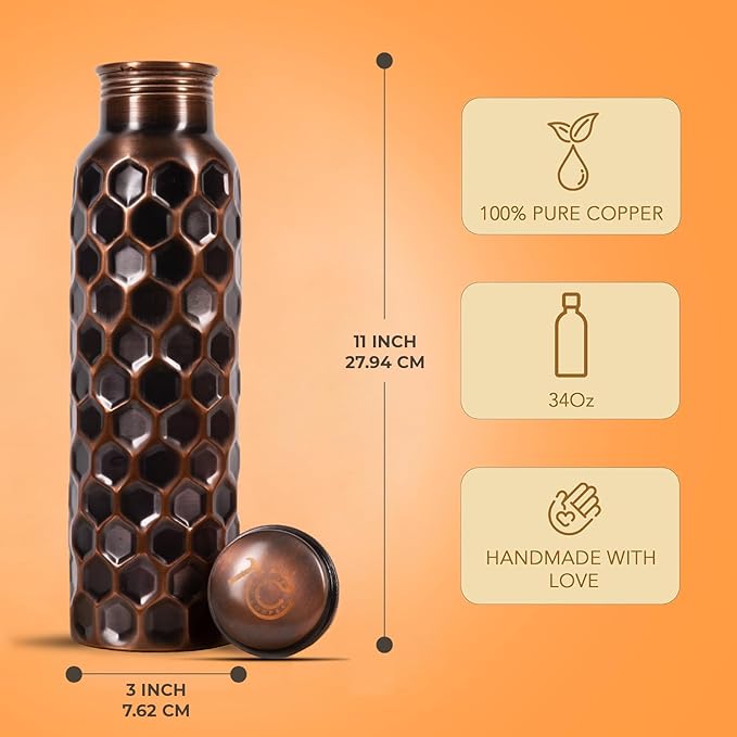 34 Oz Extra Large Honeycomb 100% Pure Copper Water Bottle For Drinking | Leak Proof Design And Carrying Pouch | Drink More With Healthy Benefits Immediately