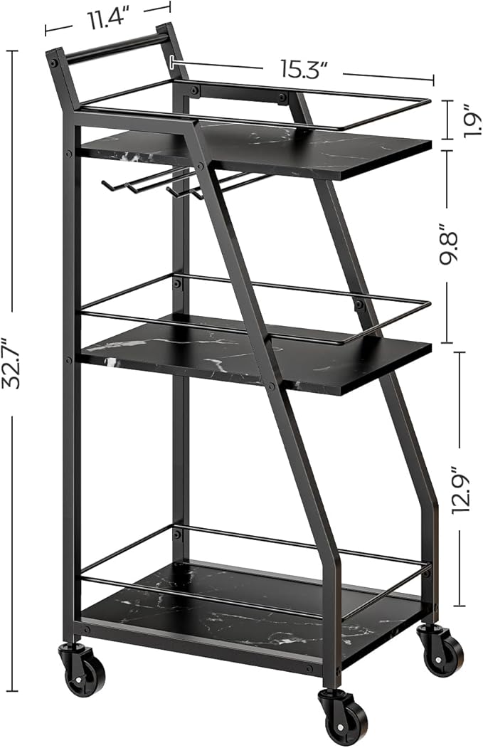 Bar Cart, Bar Cart for The Home, Small Bar Cart on Wheels, Beverage Cart, Home Bar Serving Cart with Glass Holder, Drink Cart for Bar, Kitchen, Dining, Marble Black and Black BC03BM