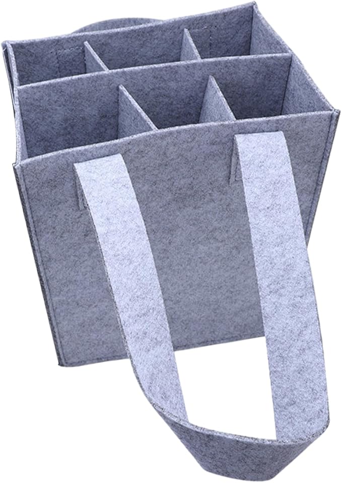Bottle Bag for Wine, 6 Compartments Felt Wine Bottle Holder, Resuable Wine Tote Bag with Compartments for Transporting Red Wine, Champagne, Beer and Water Bottles(light grey)
