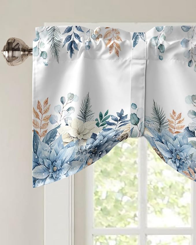 Blue Christmas Poinsettia Blackout Tie Up Valance Curtains for Kitchen Windows Winter Eucalyptus Leaves Window Toppers Balloon Shades for Living Room/Bathroom/Bedroom,1 Panel, 54" X 18",