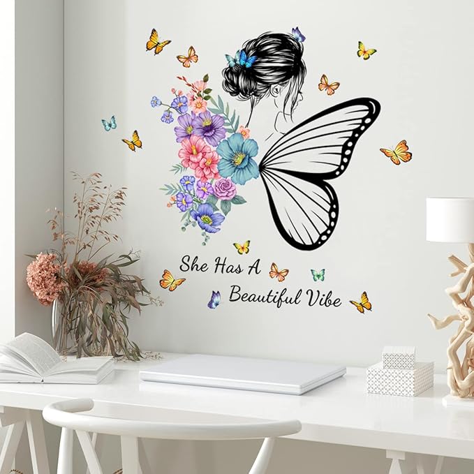 Butterfly Girl Wall Decals, Colorful Butterflies with Motivational Lettering Quotes Wall Stickers for Girls Baby Nursery Bedroom Playroom Vinyl Murals