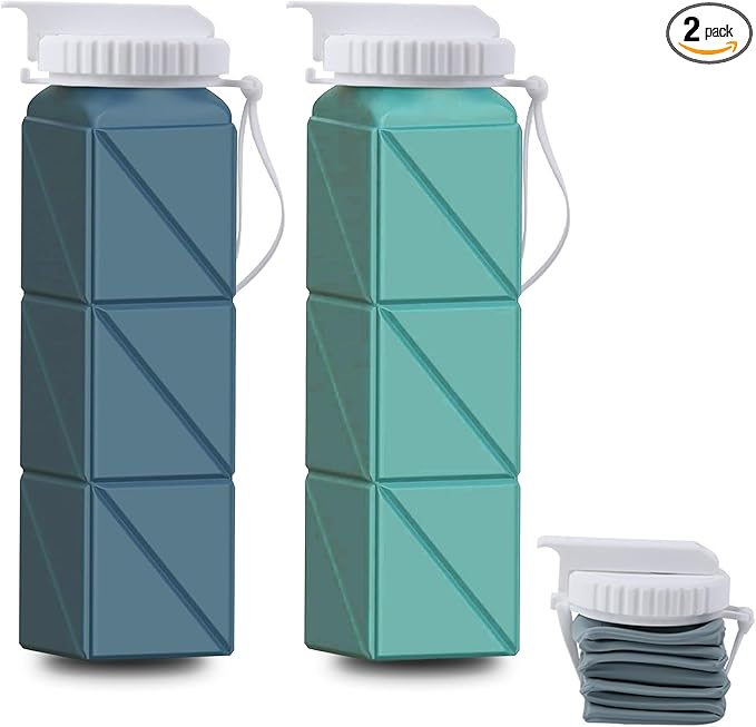 2 pack Collapsible Water Bottles Leakproof Lid–Food-Grade BPA-Free 20.10oz Silicone Travel Bottles–Foldable Lightweight Durable 620ml for Outdoor Travel Gym,Hiking,Camping,Biking Reusable