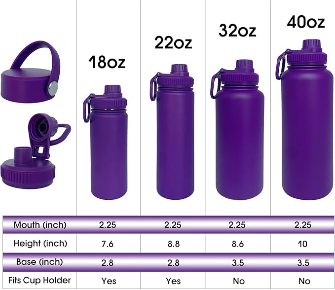 22oz Insulated Water Bottle ，Stainless Steel Sports Water Cup Flask with 2 Lids, Wide Mouth Travel Thermal Mug,Outdoor Sports Bottle（Purple）