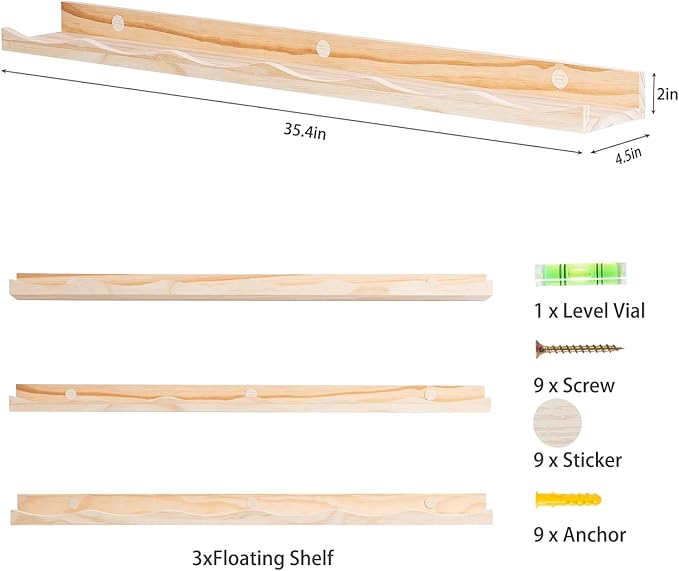AZSKY Picture Ledge Shelf, 36 Inch Floating Shelves with Lip, Picture Shelves for Wall with Ledge(Natural Wood)