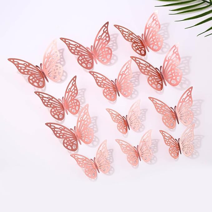 3D Butterfly Wall Decor 48 Pcs 4 Styles 4 Colors 3 Sizes,Gold Silver Laser Rose Butterfly Decorations for Butterfly Birthday Decorations Butterfly Party Decorations Cake Decorations,Removable Sticker