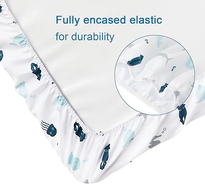 Bassinet Fitted Sheets 4 Pack Compatible with 20" x 33" Baby Delight, Mika Micky and Dream On Me Traveler/Skylar/Seashell/Lotus Bassinet, Ultra Soft and Skin-Friendly, Aqua Dinosaurs & White Ocean