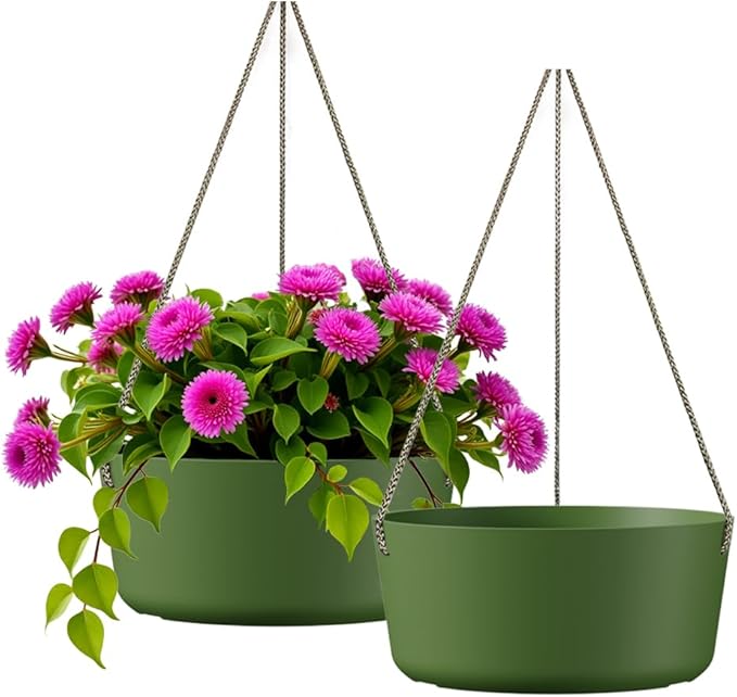 10.7 Inch Hanging Planter for Outdoor Indoor Plants，2 Pack Hanging Flower Pots with Drain Holes for Garden Home Decor Use (Dark Green)