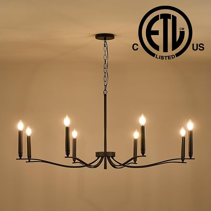 Black Chandelier, Modern Dining Room Light Fixture 8 Light Candle Chandelier Over Table 44in Metal Chandeliers Lighting for Living Room Entry Master Bedroom Bathtub Kitchen