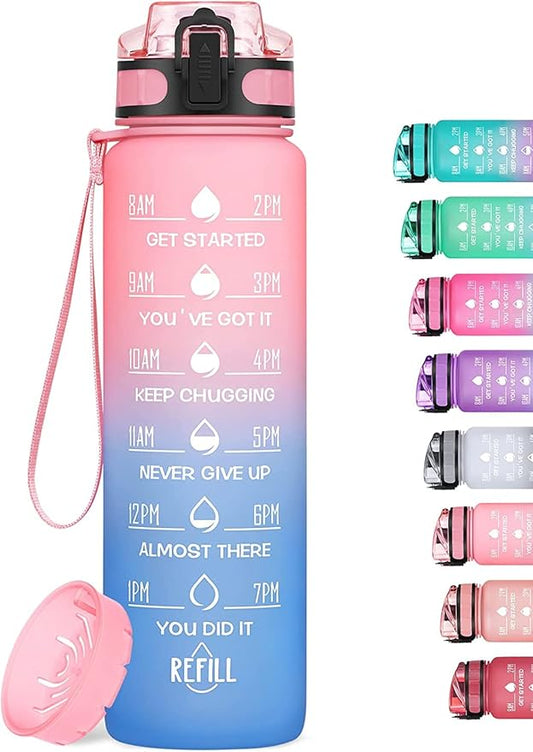 32oz Motivational Water Bottle with Time Marker & Fruit Strainer, Leak-proof BPA Free Non-Toxic Bottle with Carrying Strap, Perfect for Fitness, Gym and Outdoor Sports