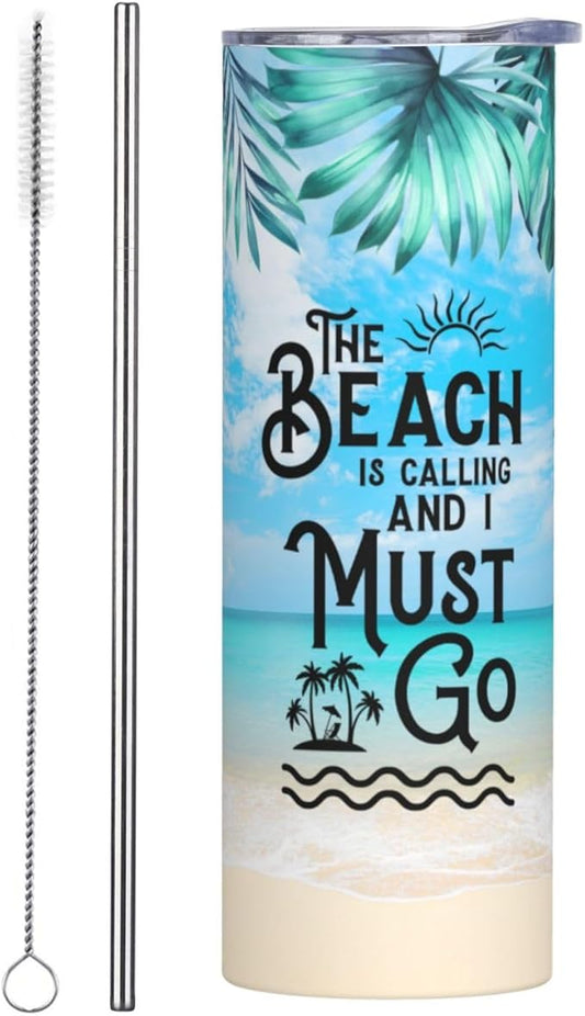 Beach Tumbler Summer Tumbler Vacation Travel Mug Travel Cup Vacation Tumbler Gifts The Beach Is Calling Me Trip Cup Beach Cup Cruise Tumbler Funny Insulated Tumbler With Straw 20oz Stainless Gifts