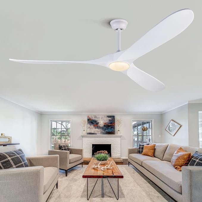 BOJUE Ceiling Fans with Lights 72 inch Indoor Outdoor Ceiling Fan,Wood Ceiling Fan with Remote Control & 3 Wood Blade for Patio Living Room Bedroom (White Blades)
