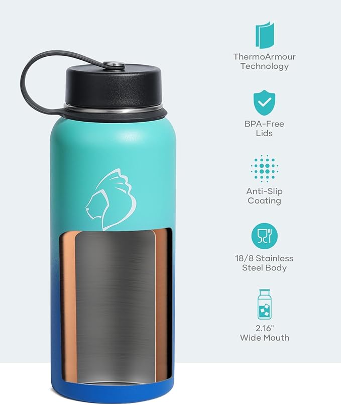 BUZIO Stainless Steel Water Bottle (Cold for 48 Hrs, Hot for 24 Hrs), 32 oz Vacuum Insulated Water Bottle with Straw Lid and Flex Cap (Double Wall, Wide Mouth, BPA Free, Leak Proof), Caribbean Blue