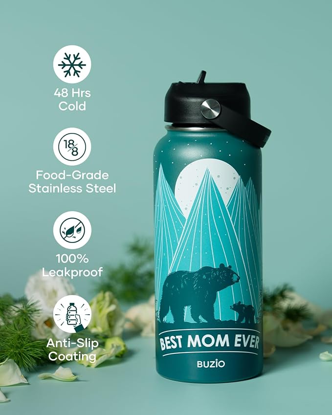 BUZIO 32oz Mom Water Bottle Bear Mama, Vacuum Insulated Water Flask with Straw, Stainless Steel Water Bottle Metal Thermo Mug for Mother Day, Best Mom Birthday Gifts from Kids