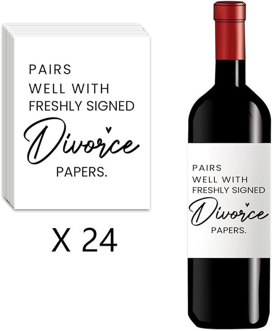 24 Pcs Divorce Wine Labels, Divorce Breakup Gifts for Women Men Her, Divorce Party Decorations for Women, Pairs Well With Freshly Signed Divorce Papers Wine Bottle Stickers Labels