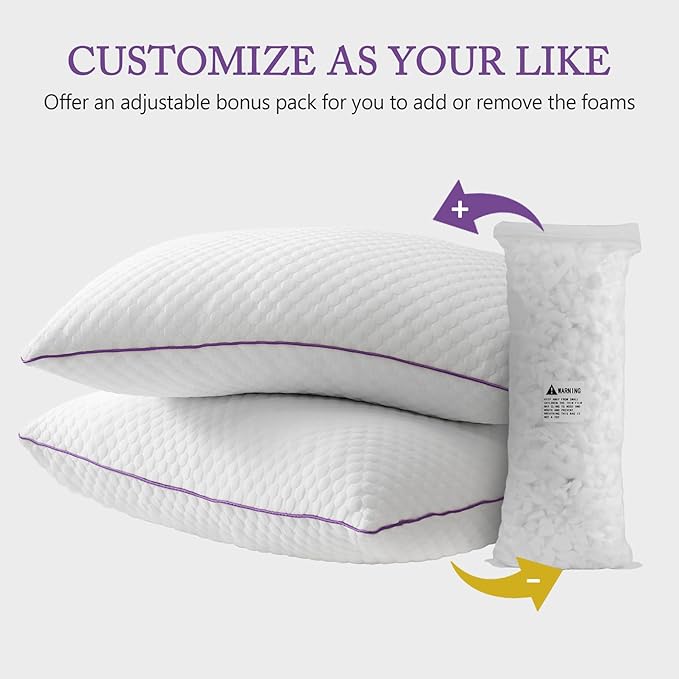 BPC Cooling Pillows Queen Size Set of 2 - Adjustable Shredded Memory Foam Pillow with Removable Cover Medium Firm Pillow for Side Stomach and Back Sleepers, CertiPUR-US