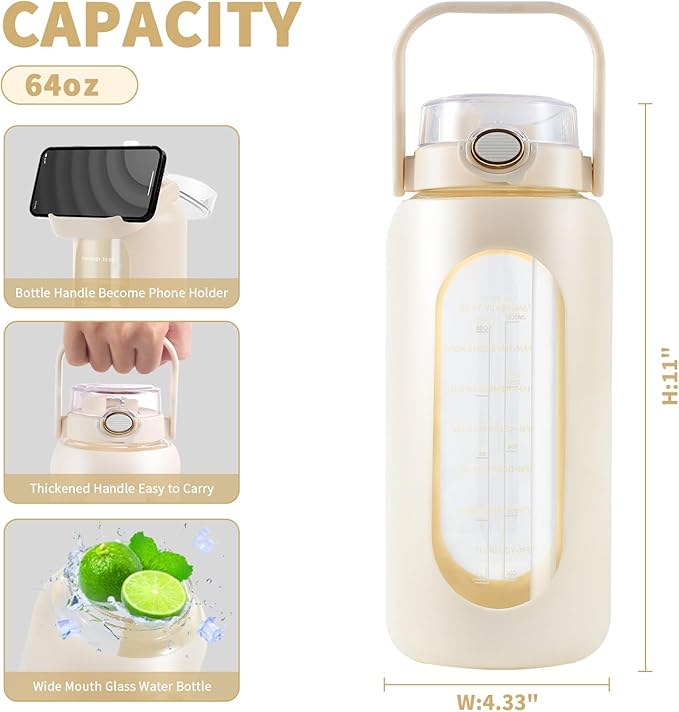 64oz Glass Water Bottle with Straw and Handle - Half Gallon Motivational Water Jug with Time Marker and Silicone Sleeve, Leak proof Wide Mouth Water Flask for Gym, Sports, and Daily Use (White)