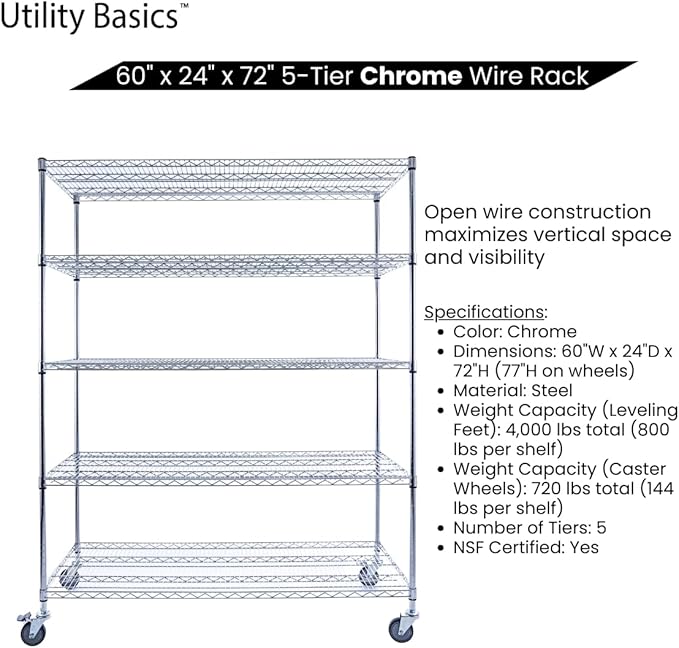 60"x24"x72" Chrome 5-Tier PREMIUM Wire Shelving NSF 4000 LBS MAX CAPACITY Heavy Duty Steel Storage Rack for Warehouses, Garages, Hospitals, Commercial Spaces, & Schools w/PREMIUM WHEELS