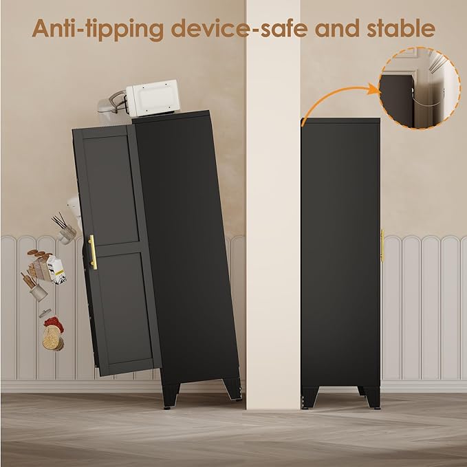 51" Kitchen Pantry Cabinet, Metal Storage Cabinet with 3 Adjustable Layer Shelves, 8 Door Shelves, Buffet Sideboard for Living Room, Kitchen, Black