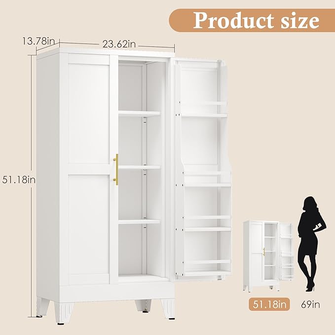 51" H Metal Kitchen Pantry Storage Cabinet, Freestanding Cupboard Storage Cabinet with Doors and Adjustable Shelves, Large Stand Up Food Cupboard for Living Room, Dinning Room, White