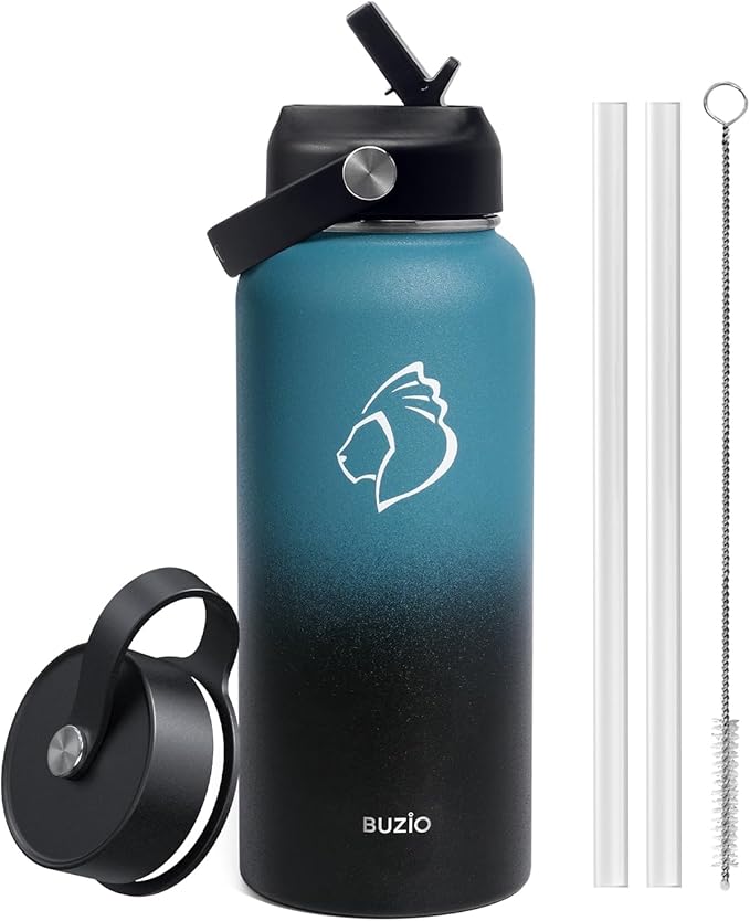 BUZIO Water Bottle with Straw Lid and Flex Cap, 32oz Modern Double Vacuum Stainless Steel Water Flask, Cold for 48 Hrs Hot for 24 Hrs Simple Thermo Canteen Mug, Indigo Black