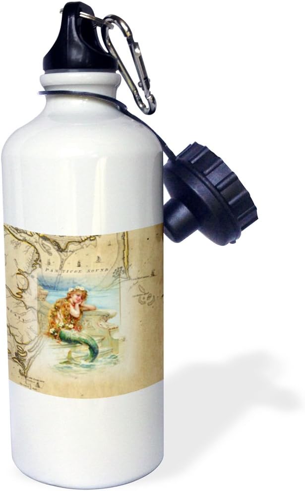 3dRose Print of Vintage Map Outer Banks with Mermaid-Sports Water Bottle, 21oz , 21 oz, Multicolor