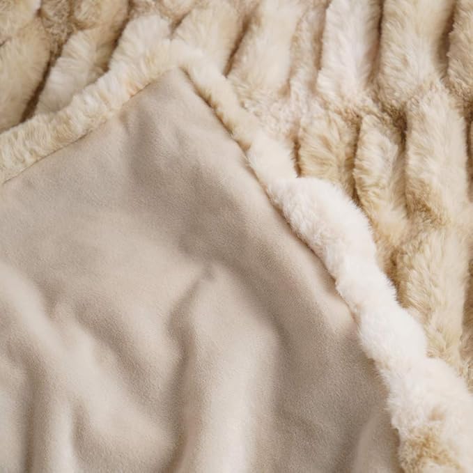 BATTILO HOME Ruched Luxury Faux Fur Throw Blanket Beige Tie-dye Rabbit Fur Blanket for Couch, Living Room, Fuzzy, Soft, Plush, Cozy, Elegant with Reversible Mink Blanket Beige, 60"x80"