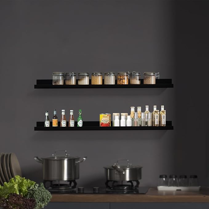 AZSKY Picture Ledge Shelf, Floating Shelves Set of 2, 48 Inches Picture Shelves for Wall with Ledge, Long Shelf Wall Mounted for Living Room Bedroom Decor Books Photo Frames - Black