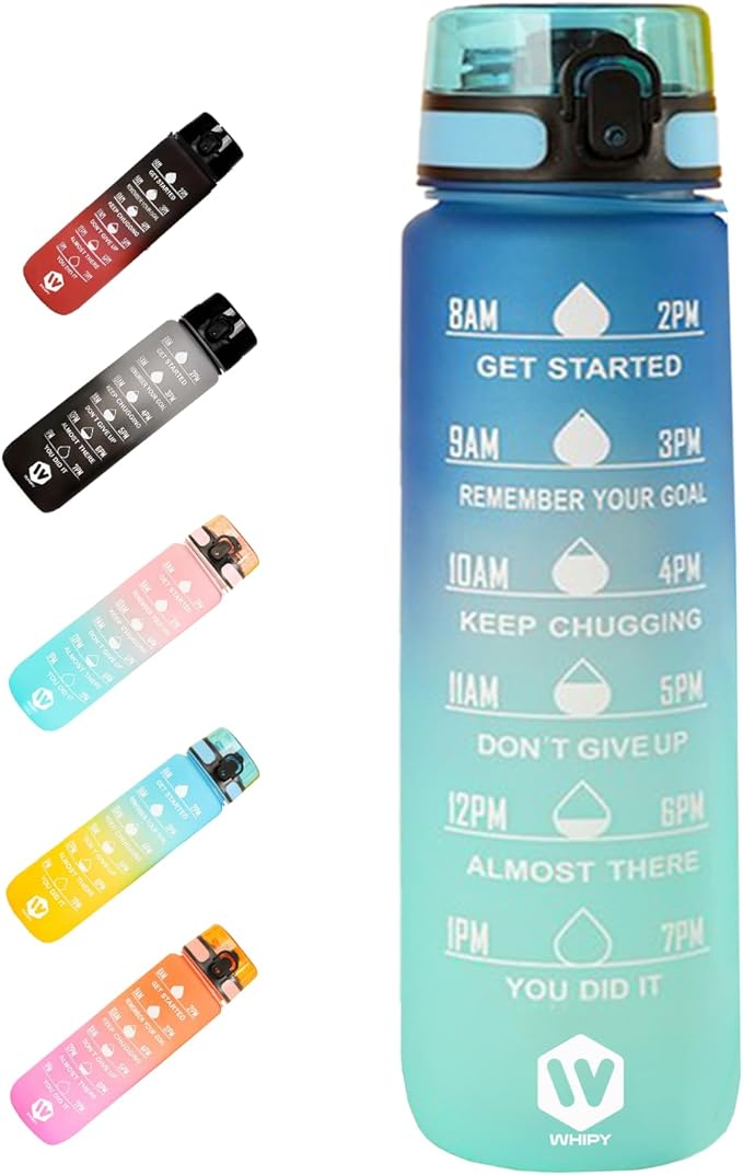32 oz Water Bottle with Time Marker- Leak-Proof & BPA Free Reusable Gym Water Bottle - Easy to Carry Motivational Water Bottle for Fitness, Sports, Outdoor, Cycling, School (Blue & Deep)