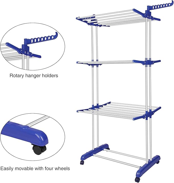 Bigzzia Clothes Drying Rack, Folding Stainless Steel Drying Rack Clothing Indoor Outdoor, Space-Saving, 4 Tier Laundry Drying Rack with Two Side Wings Grey Blue