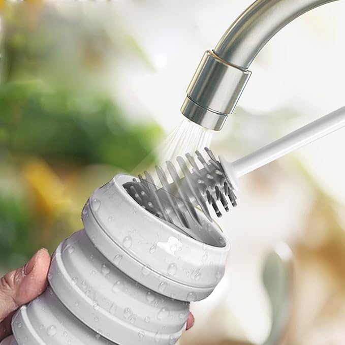 BeHeSo Collapsible Water Bottles with Silicone Brush - Straw Silicone Foldable Water Bottle Reusable Camping Cup Leak Proof Portable Travel Sport Water Bottle-500ml/17oz (Grey)