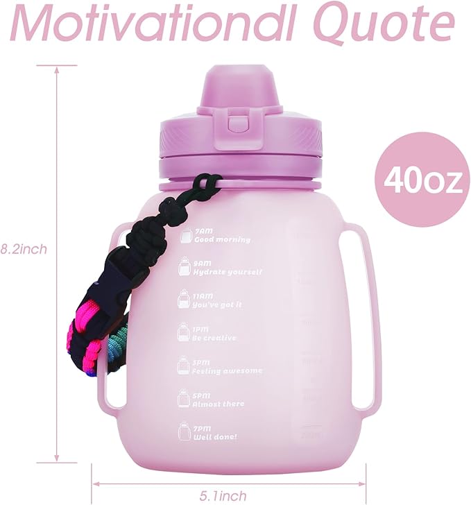 40 OZ Motivational Water Bottle with Straw and Paracord Handle 1.2L Silicone Sports Water Bottle with Time Marker(Purple)