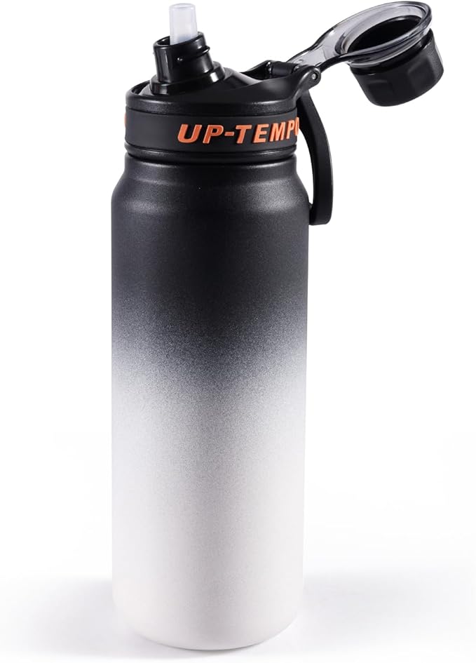 28oz Sports Water Bottle with Straw, Stainless Steel Vacuum Insulated Cooling Water Bottle, Leak Proof Metal Water Bottle, Double Insulated, Suitable for Sports, Gym and Travel (Black & White)