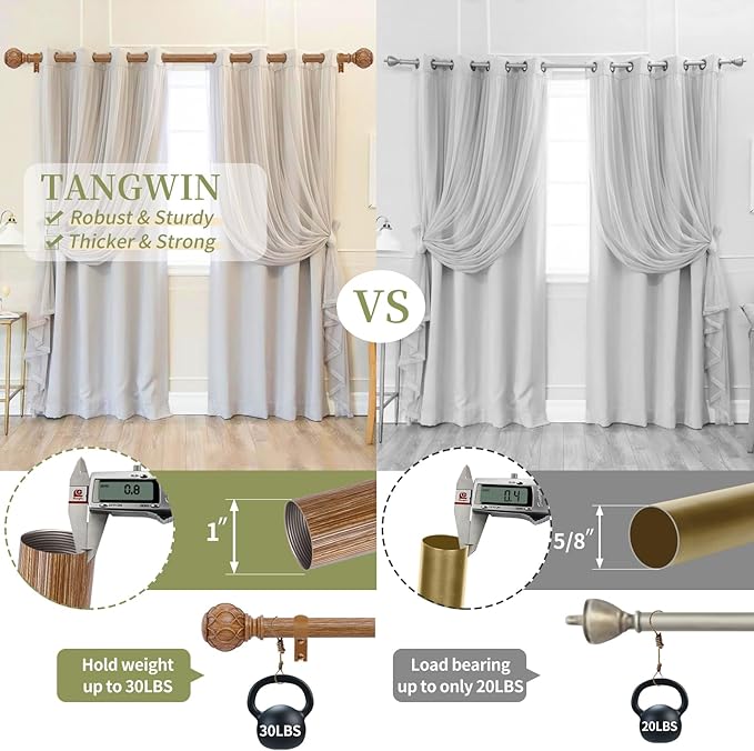 2 Pack Wood Curtain Rods for Windows 28 to 48 Inch(2.3-4Ft),1 Inch Adjustable Curtain Rod,Heavy Duty Curtain Rods,Wooden Netted Texture Drapery Rods,Single Window Curtain Rod 18-45",Brown Wood